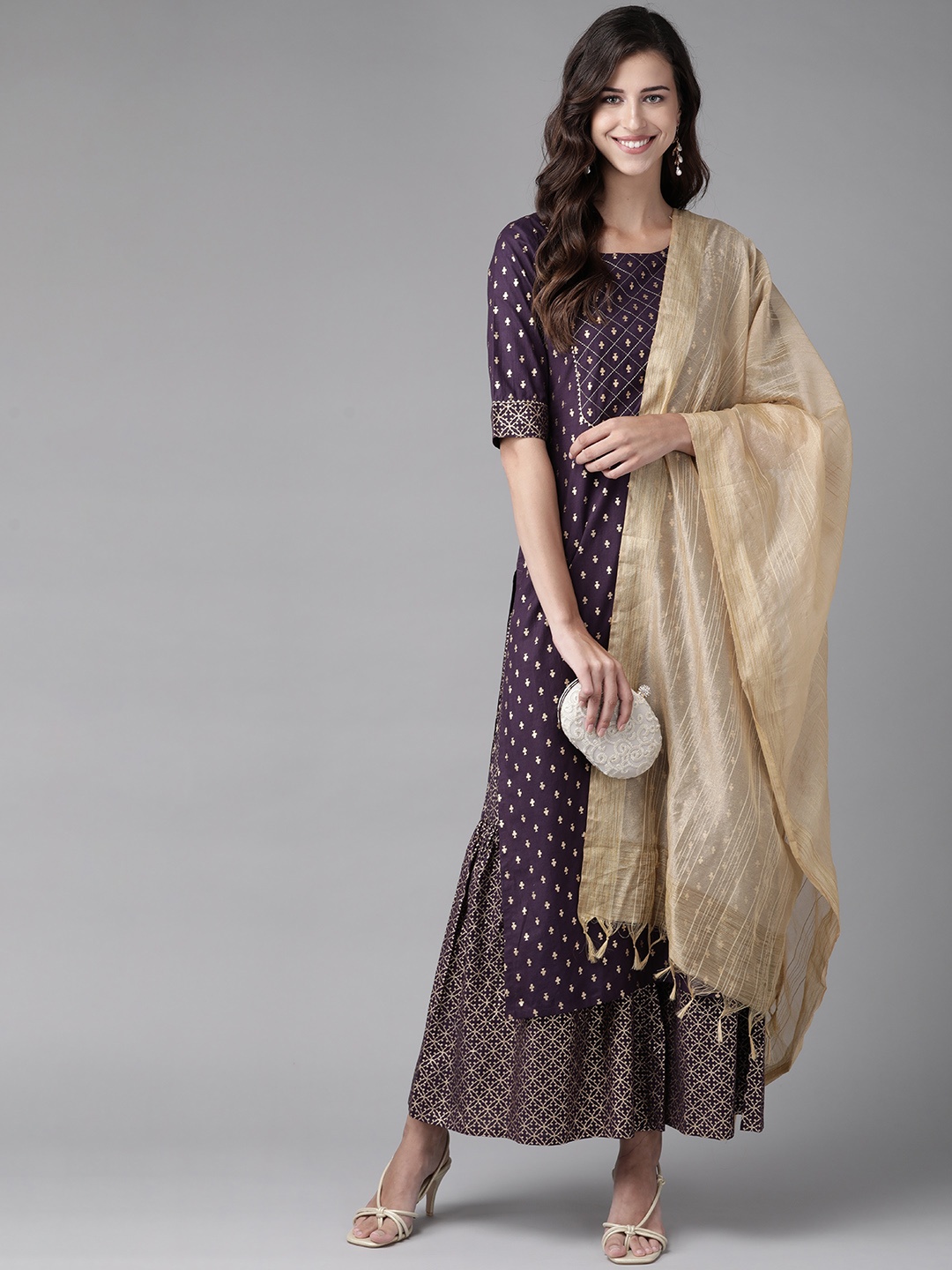 

Amirah s Women Purple & Golden Yoke Design Pure Cotton Kurta with Sharara & Dupatta