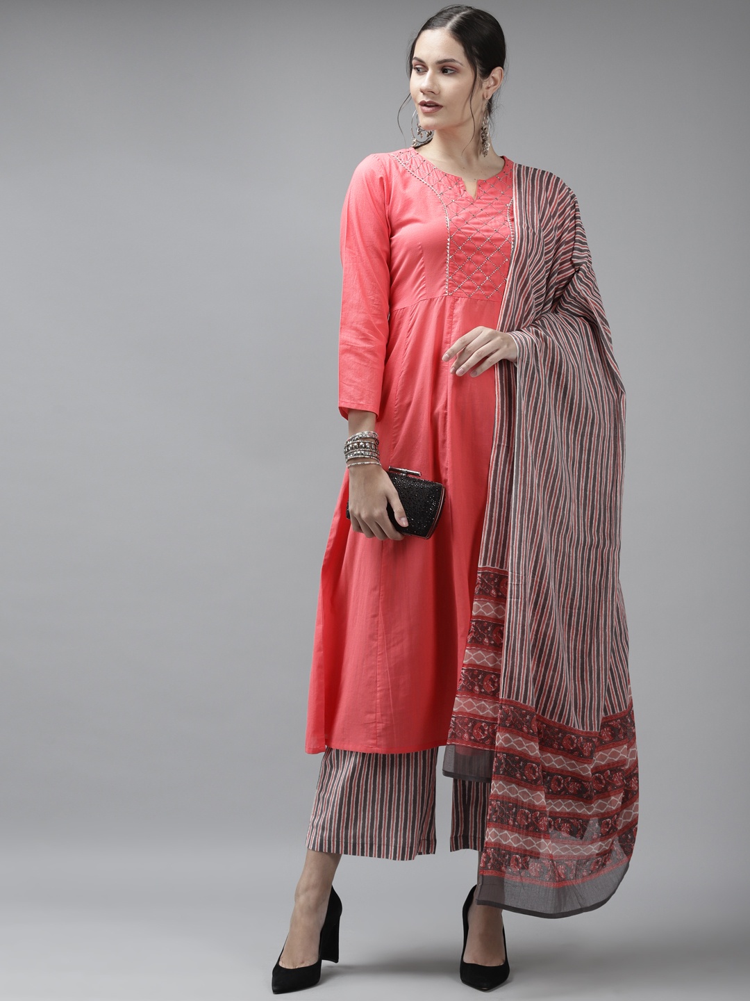 

Amirah s Women Coral Pink & Grey Pure Cotton Kurta with Palazzos & With Dupatta