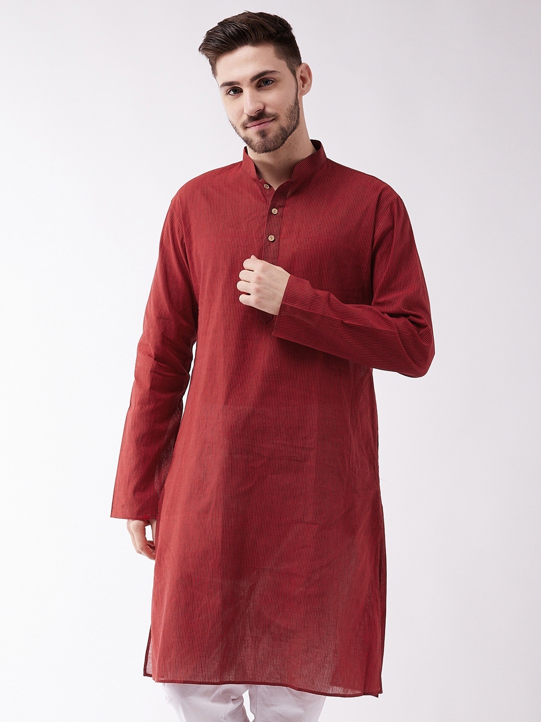 

VASTRAMAY Men Maroon & Black Striped Thread Work Cotton Handloom Kurta