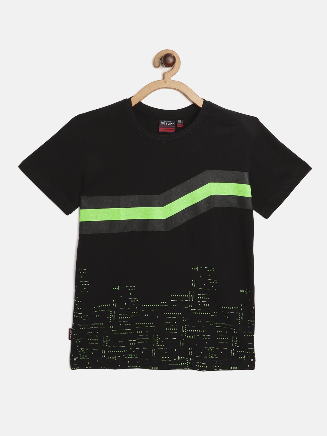 

Gini and Jony Boys Black Fluorescent Green Printed Pure Cotton T-shirt