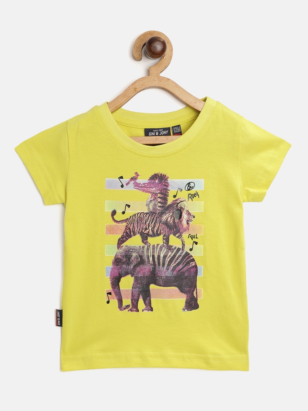 

Gini and Jony Infant Boys Lime Green Animals Printed Pure Cotton T-shirt
