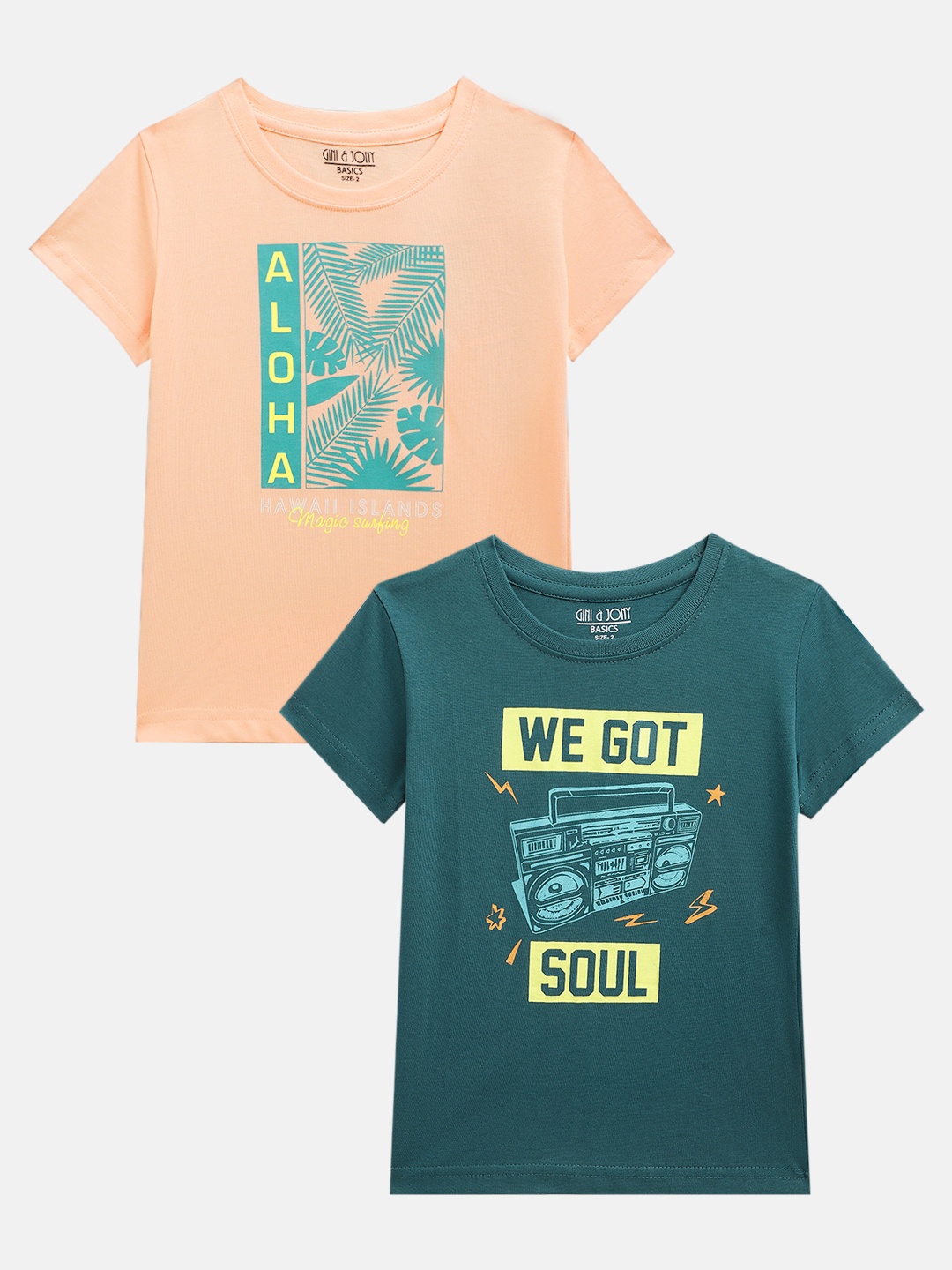 

Gini and Jony Boys Pack of 2 Printed Pure Cotton T-shirts, Teal