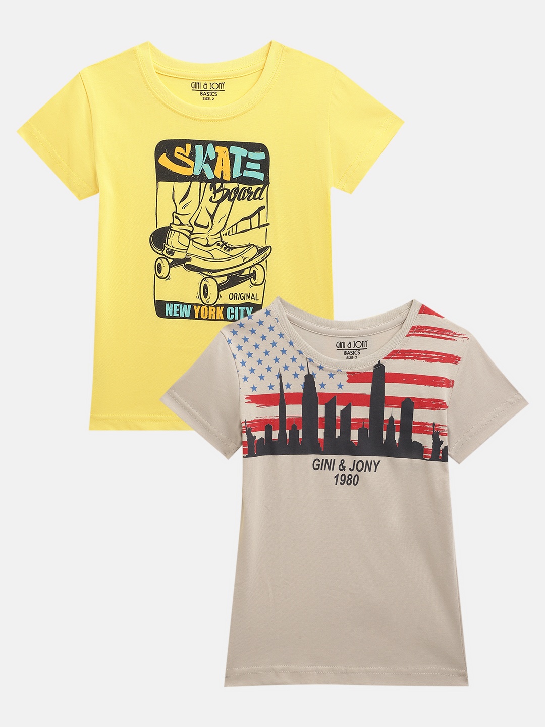 

Gini and Jony Boys Pack of 2 Printed Cotton T-shirts, Yellow