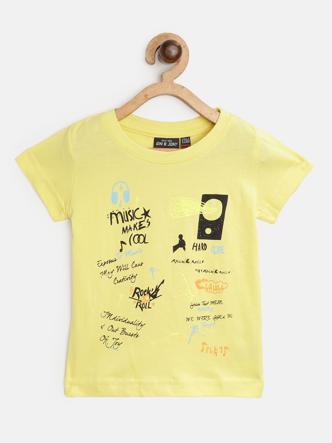 

Gini and Jony Boys Yellow Black Typography Printed Pure Cotton T-shirt