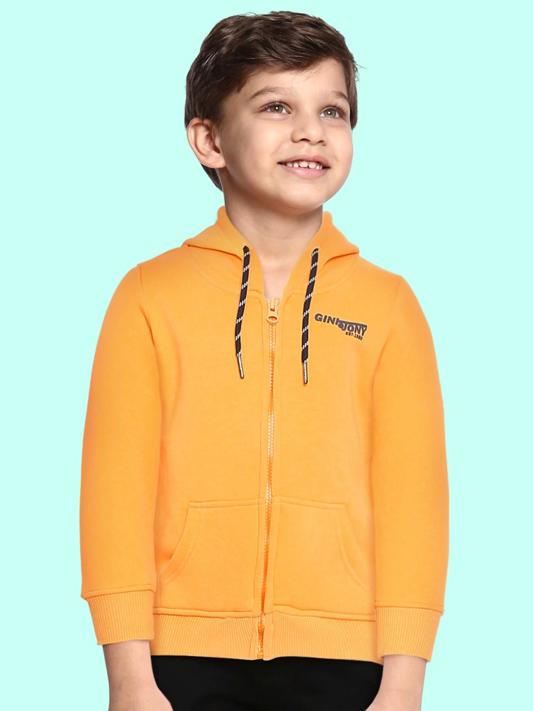 

Gini and Jony Boys Orange & Black Printed Back Hooded Sweatshirt