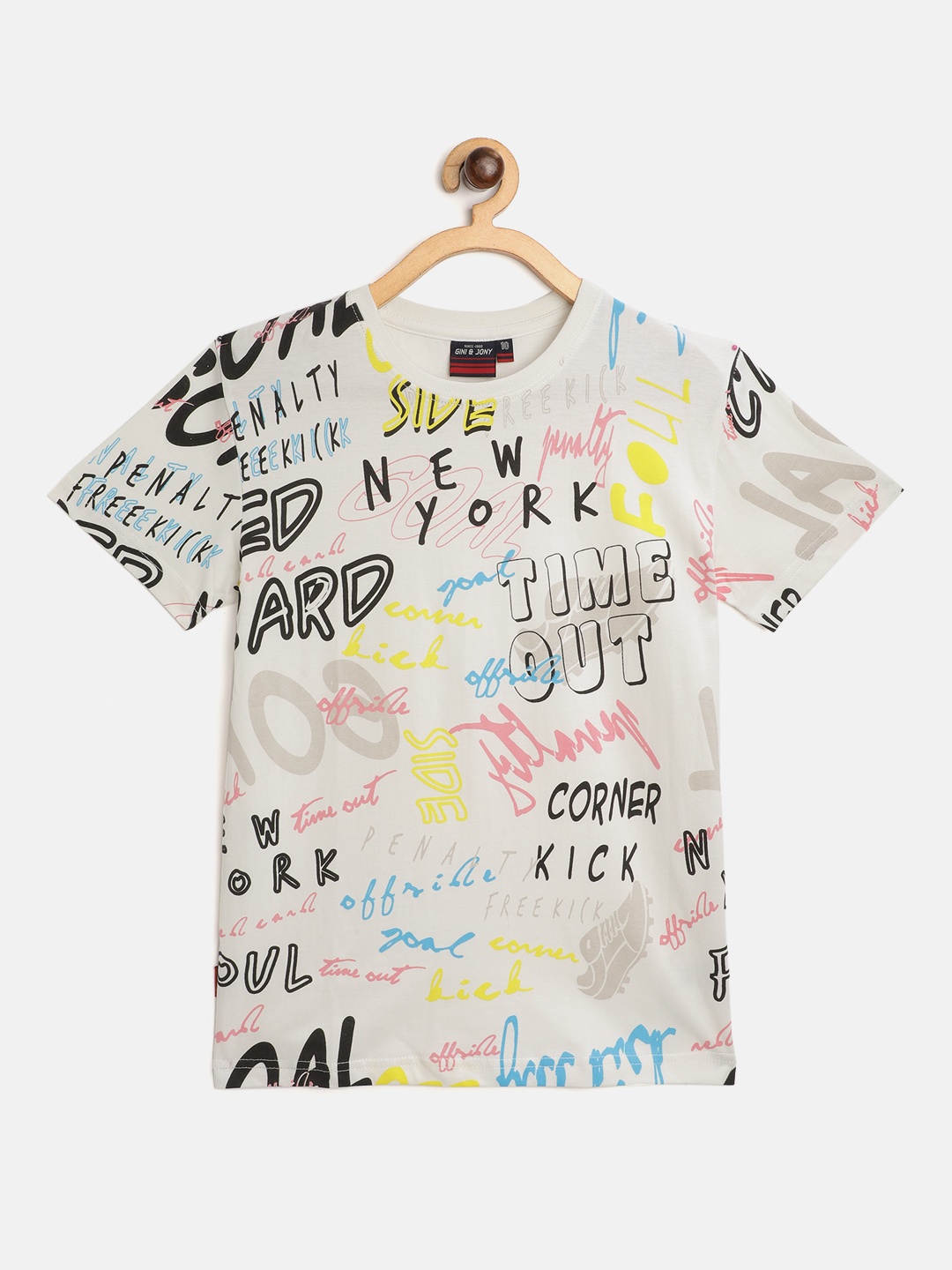 

Gini and Jony Boys White Black Typography Printed Pure Cotton T-shirt
