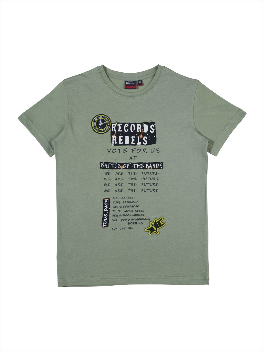 

Gini and Jony Boys Olive Green Typography Printed Raw Edge T-shirt