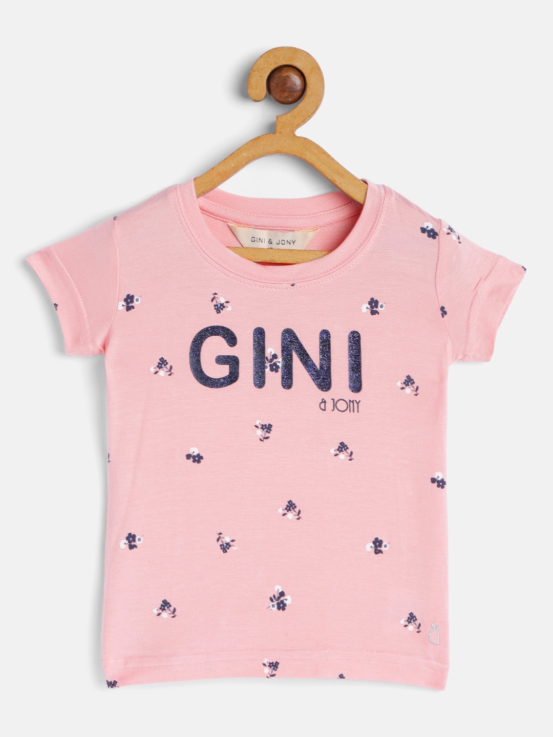 

Gini and Jony Girls Pink Floral Printed Brand Logo T-shirt