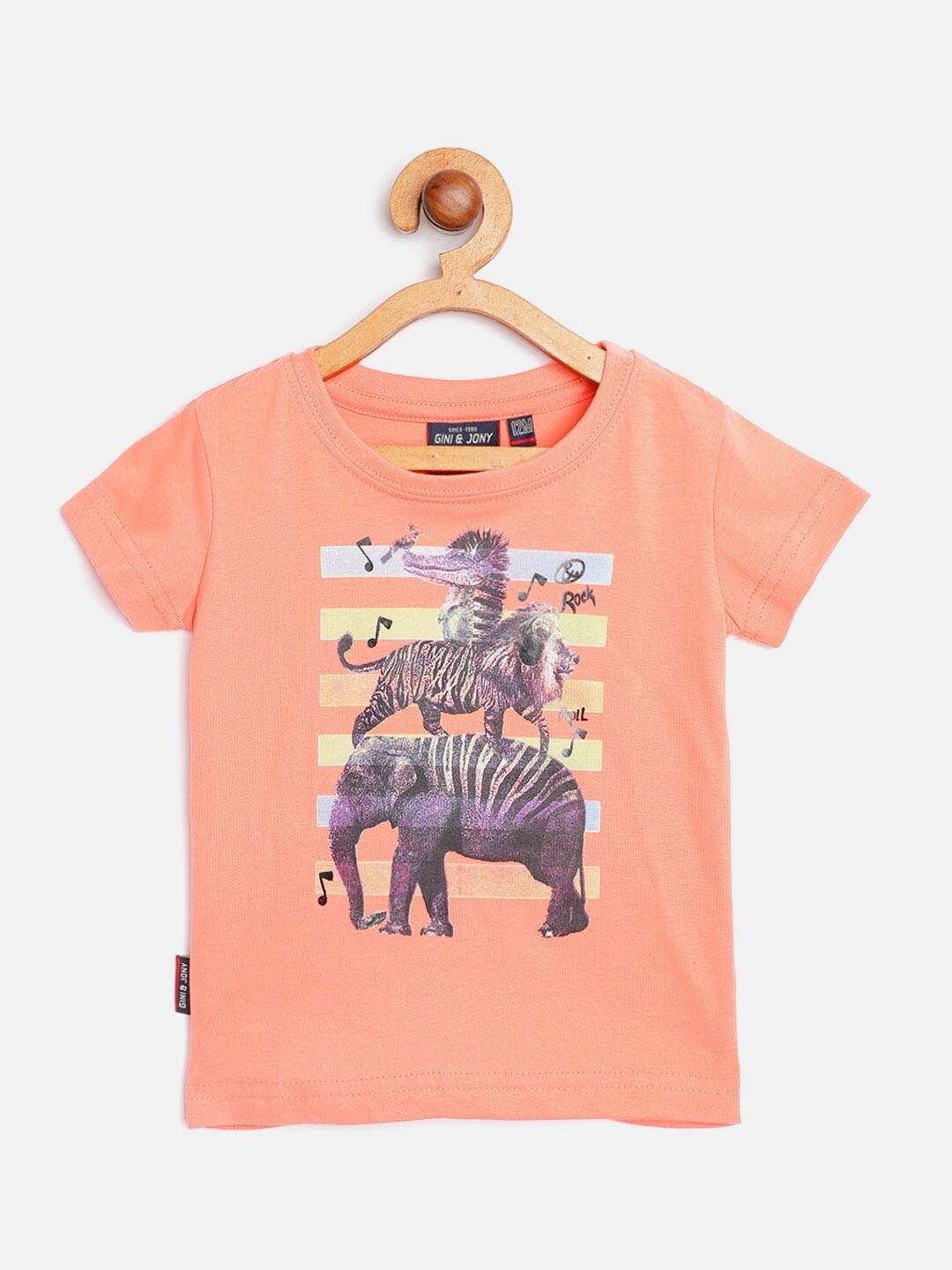 

Gini and Jony Infant Boys Peach-Coloured Animals Printed Pure Cotton T-shirt