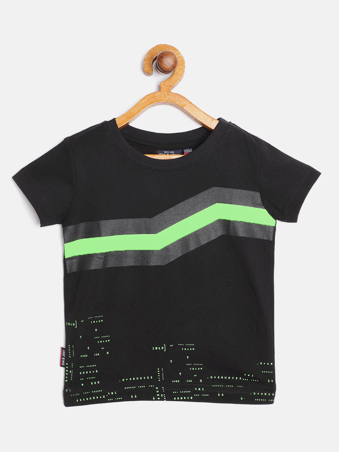 

Gini and Jony Infant Boys Black Fluorescent Green Printed Pure Cotton T-shirt