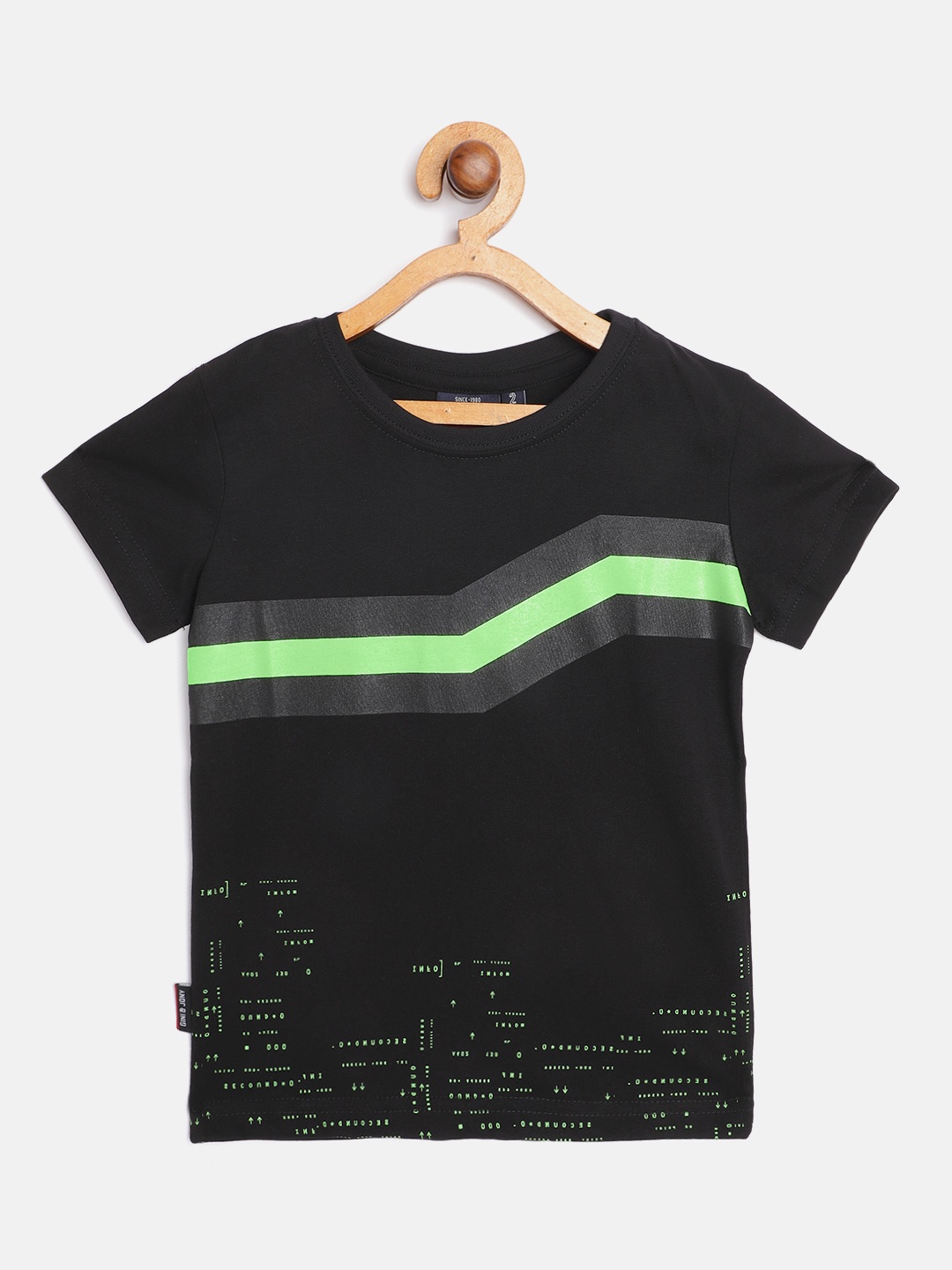 

Gini and Jony Boys Black Fluorescent Green Printed Pure Cotton T-shirt