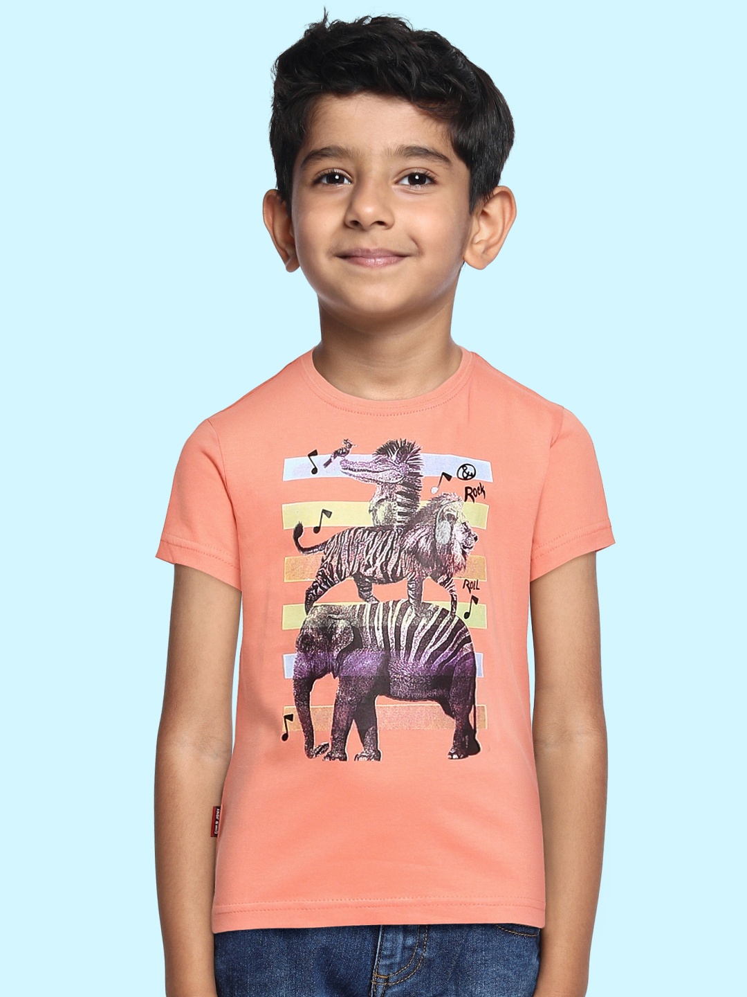 

Gini and Jony Boys Peach-Coloured Animals Printed Pure Cotton T-shirt