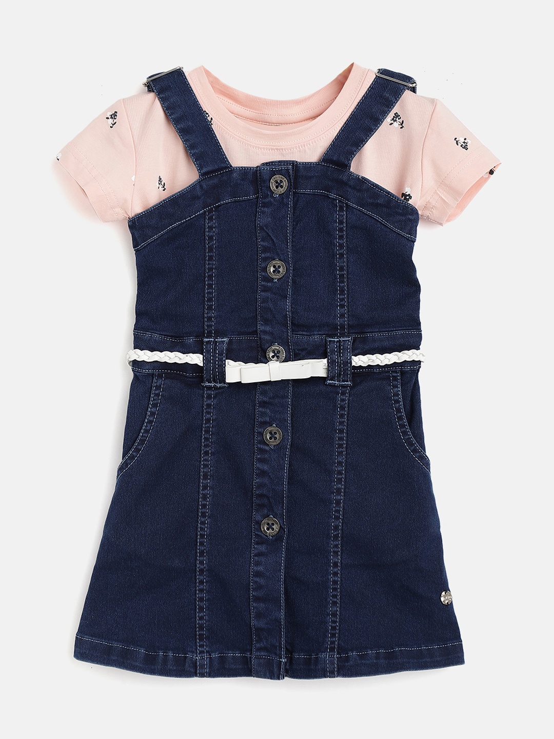 

Gini and Jony Girls Navy Blue & Peach-Coloured Solid Denim Pinafore Dress with T-shirt