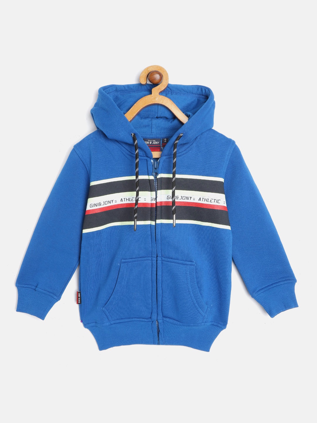 

Gini and Jony Boys Blue & Fluorescent Green Striped Hooded Sweatshirt