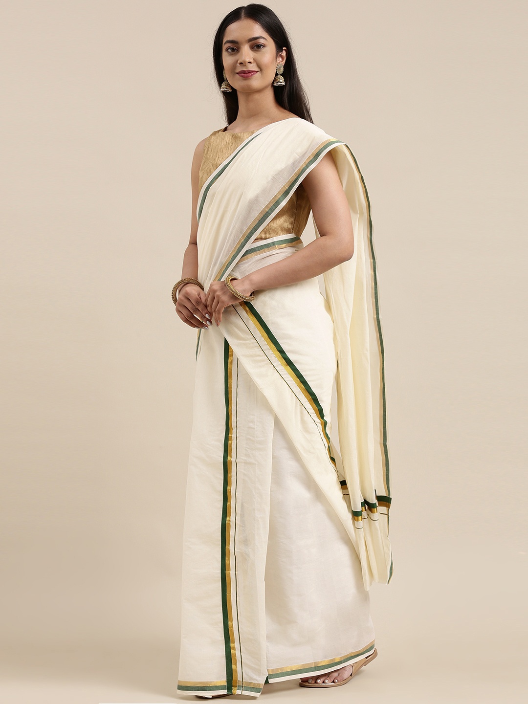 

KALINI Off White Zari Kasavu Mundu Saree