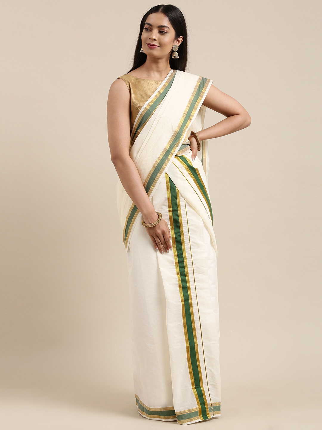 

KALINI Off White & Green Zari Kasavu Mundu Saree