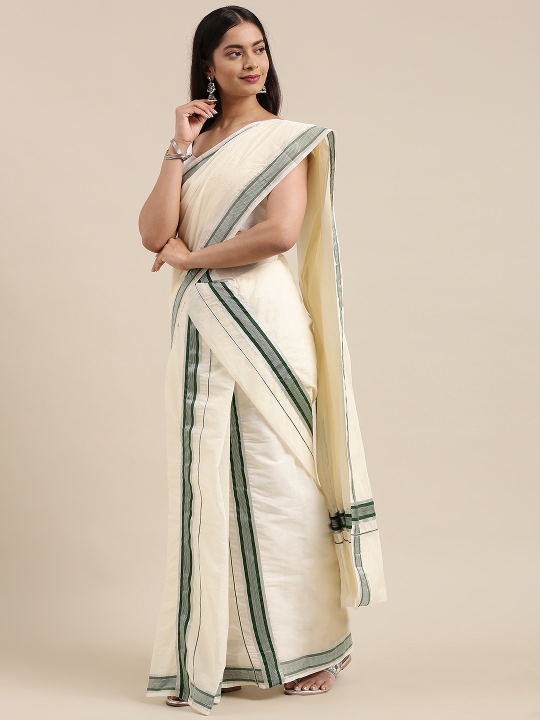 

KALINI Off White & Green Zari Kasavu Mundu Saree