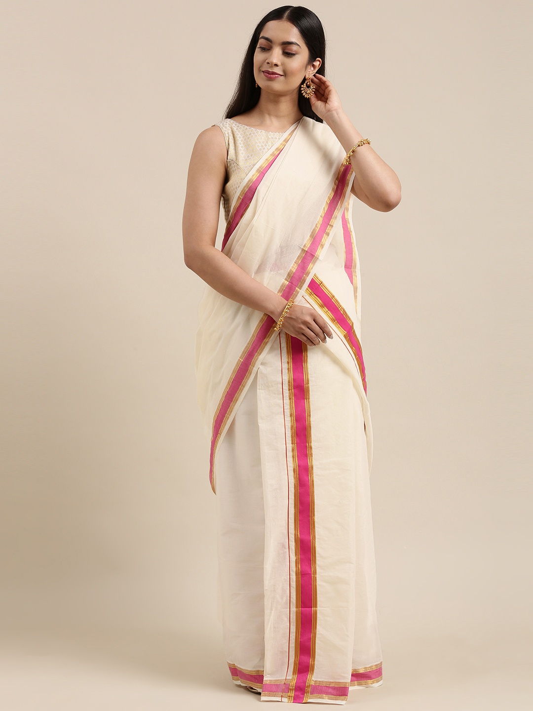 

KALINI Off White & Pink Zari Kasavu Mundu Saree