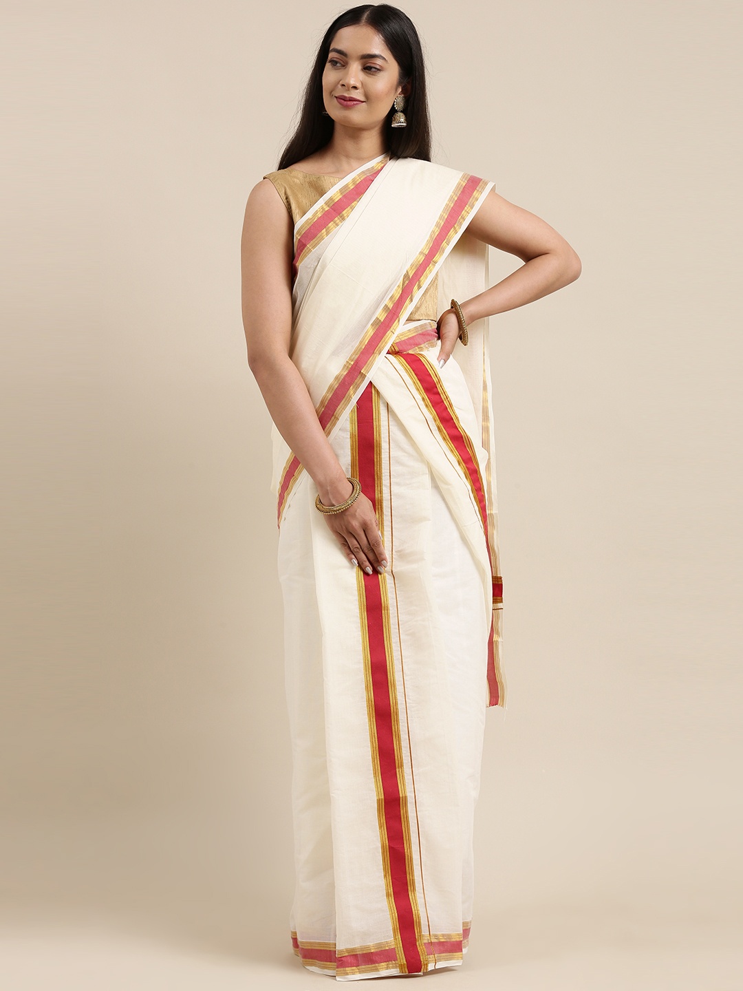 

KALINI Off White & Red Zari Kasavu Mundu Saree