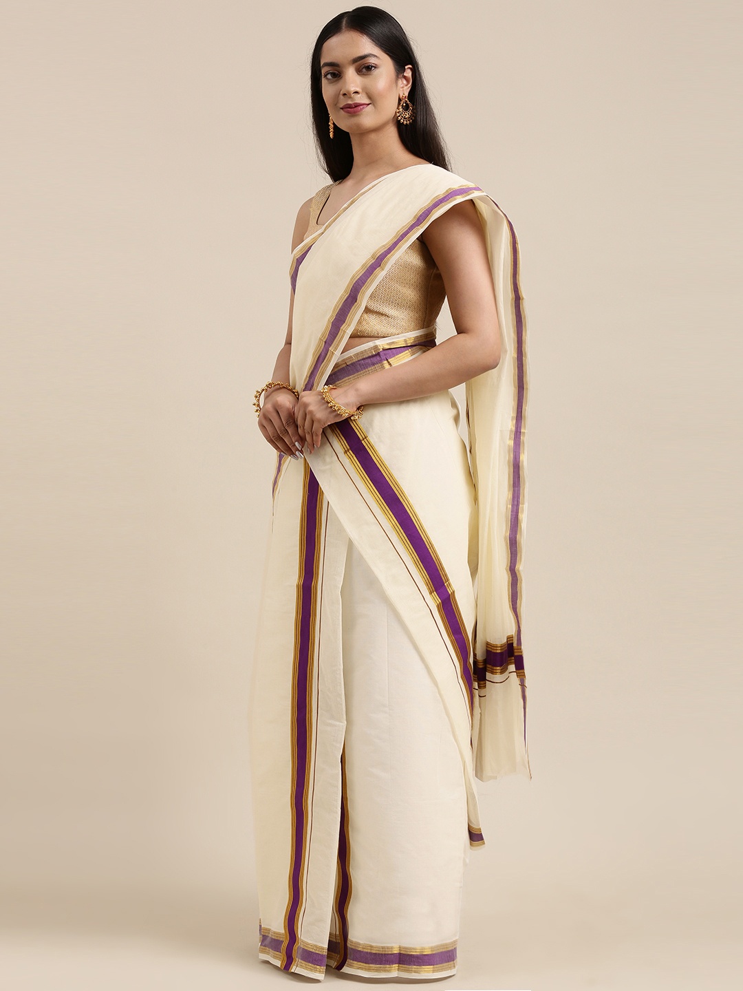 

KALINI Off White Kasavu Mundu Saree