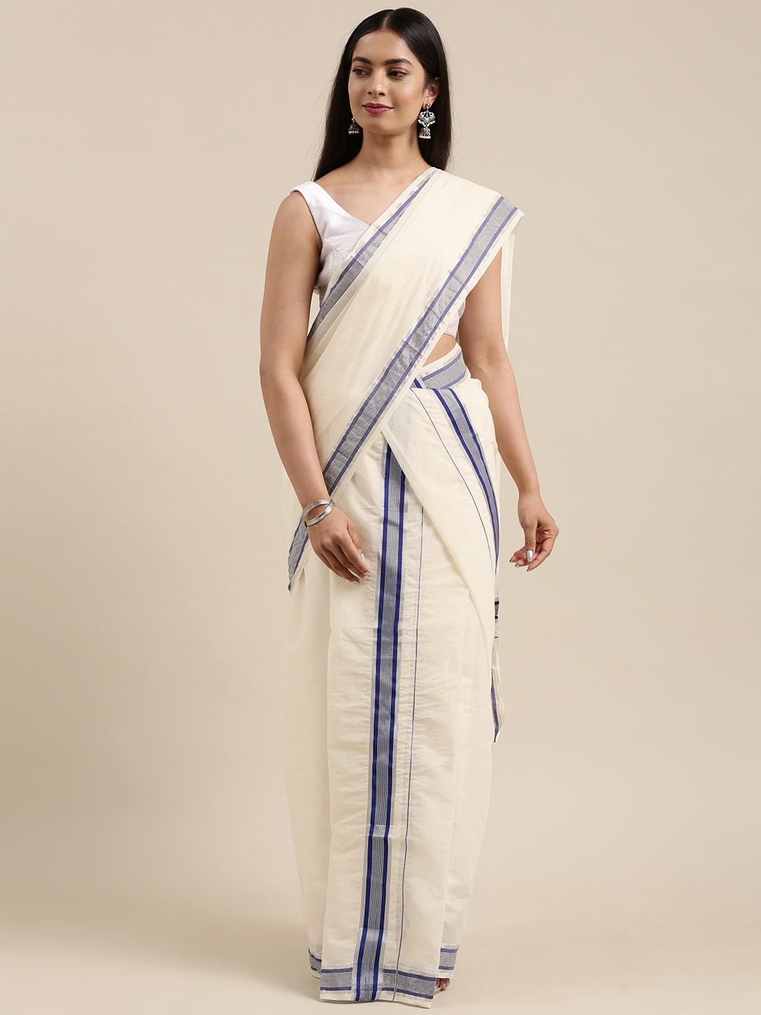 

KALINI Off White Kasavu Mundu Saree