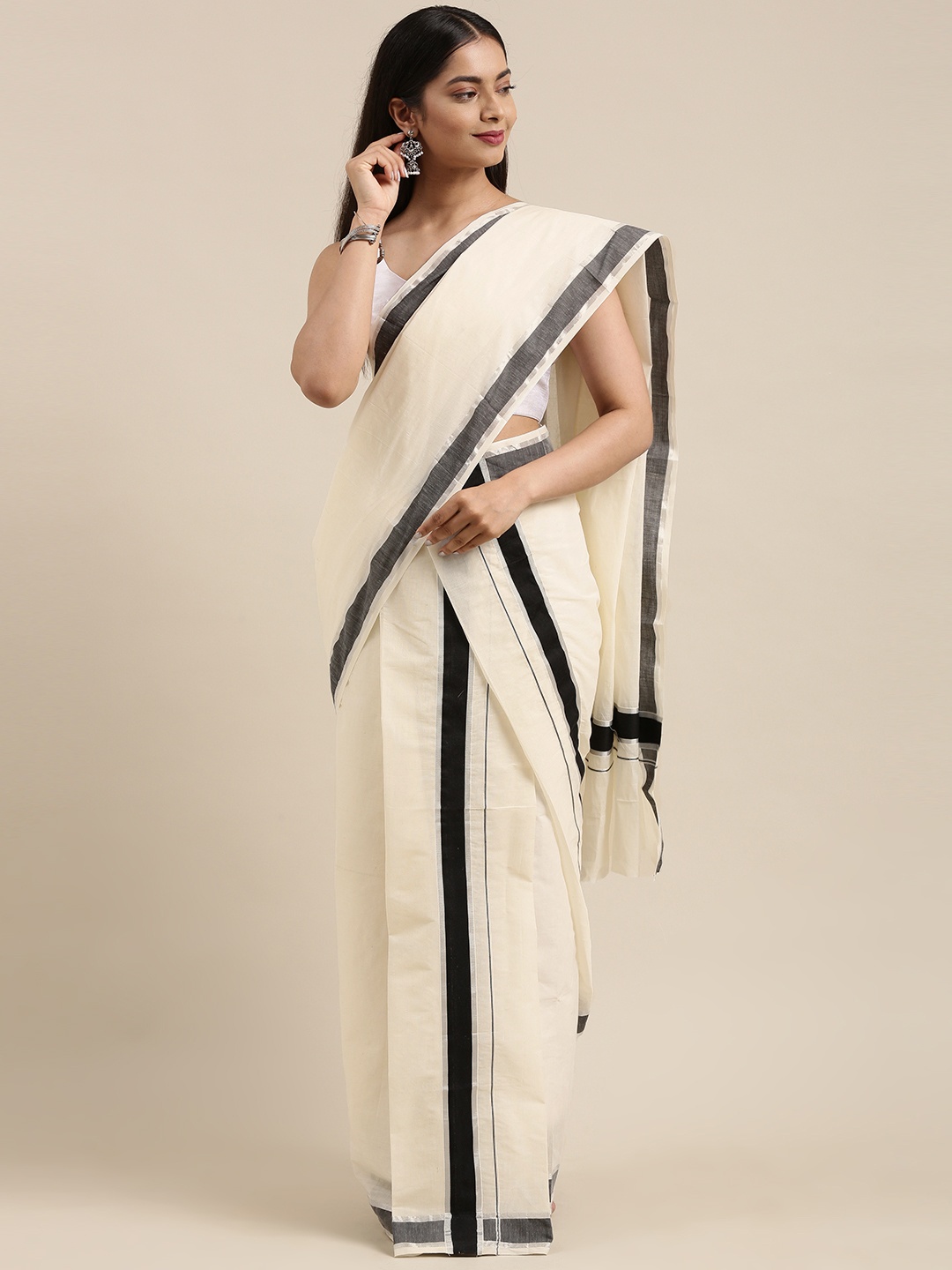 

KALINI Off White & Black Zari Kasavu Mundu Saree