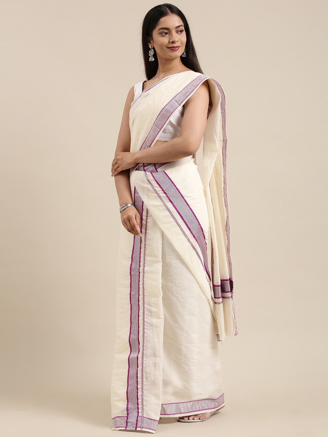 

KALINI Off White & Purple Zari Kasavu Mundu Saree