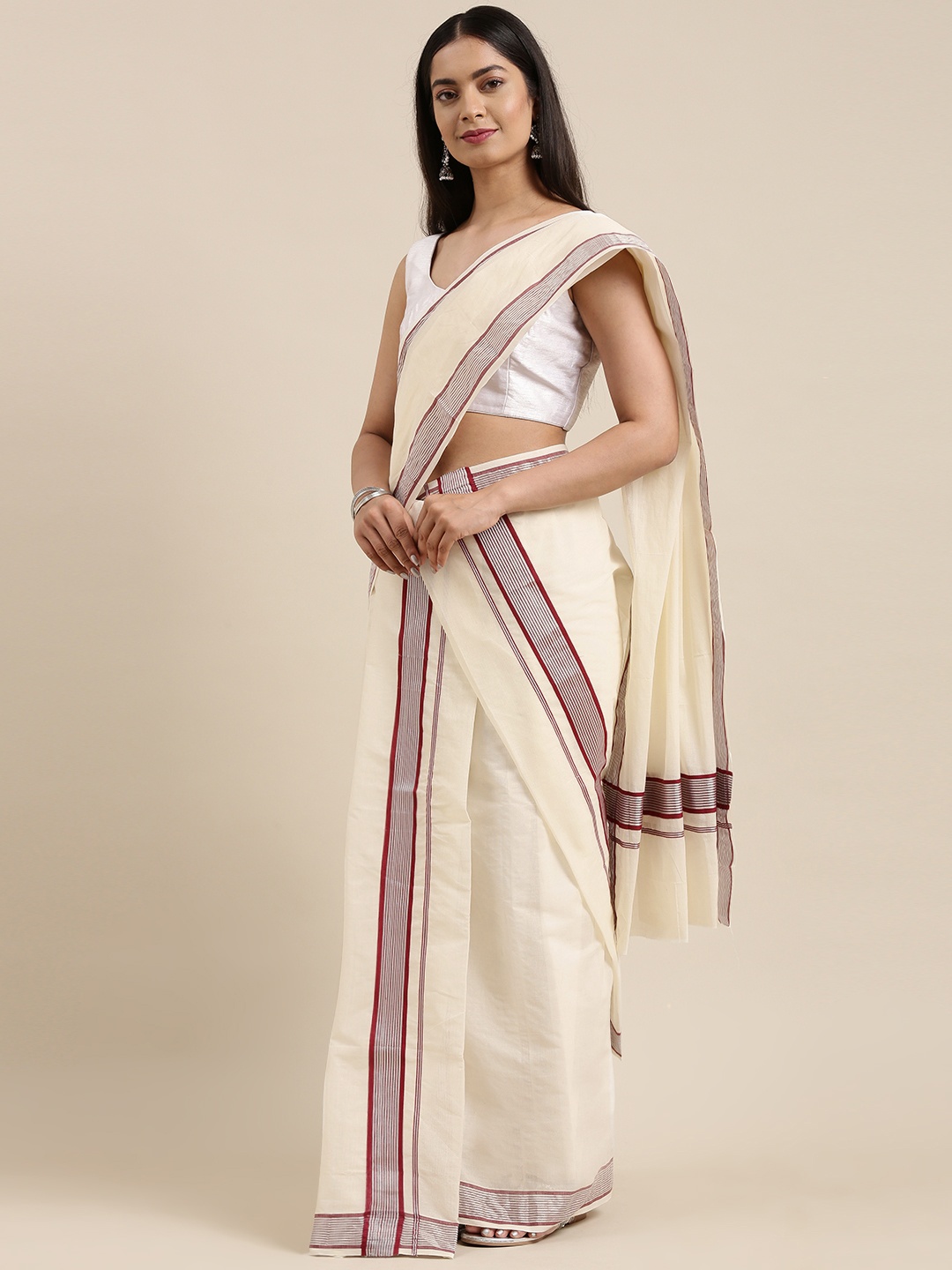 

KALINI Off White Kasavu Mundu Saree