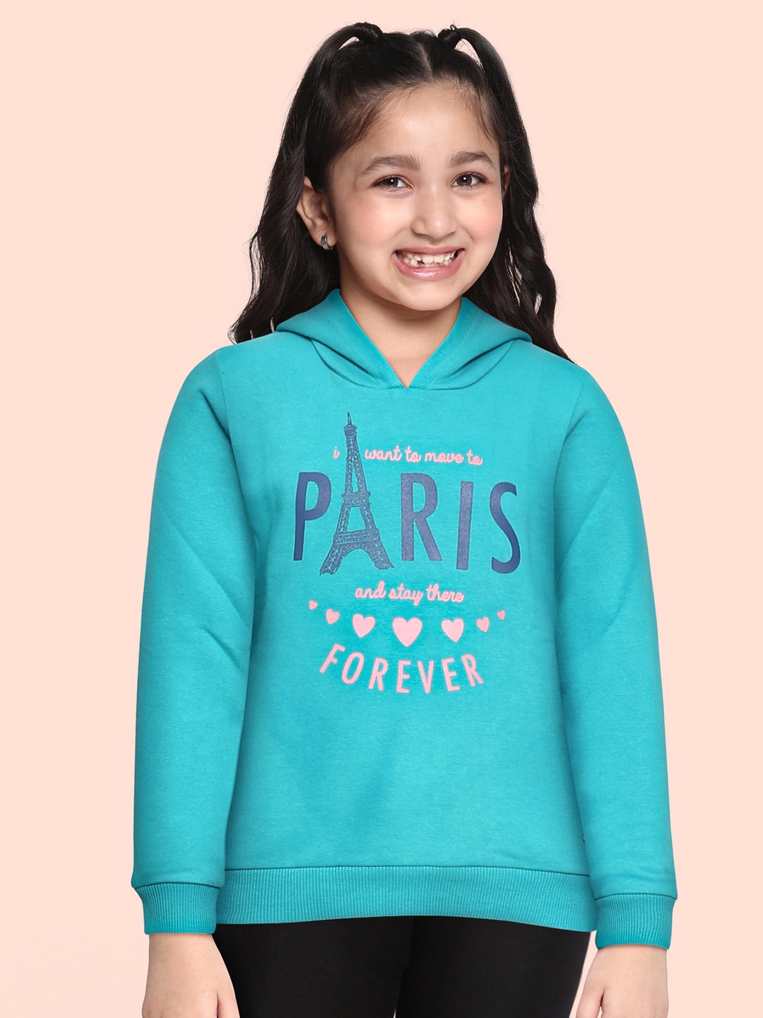 

Gini and Jony Girls Turquoise Blue Printed Hooded Sweatshirt