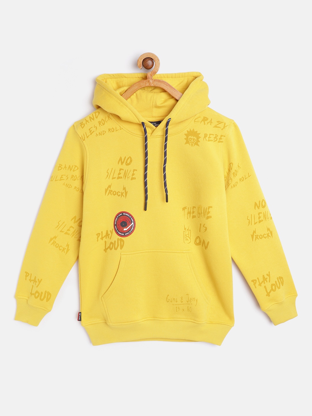 

Gini and Jony Boys Mustard Yellow Printed Hooded Sweatshirt