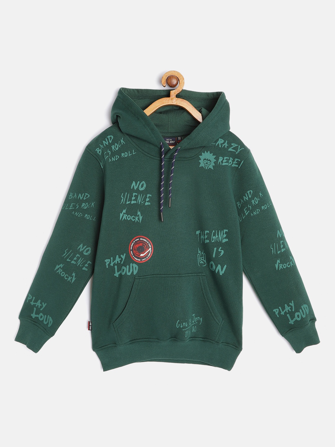 

Gini and Jony Boys Green Typography Printed Hooded Sweatshirt