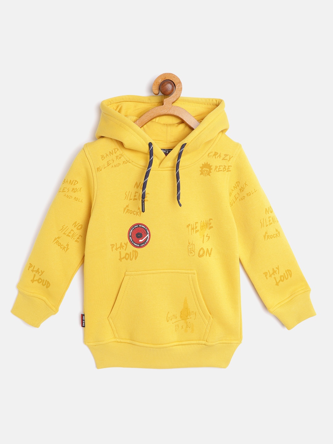 

Gini and Jony Boys Mustard Yellow Printed Hooded Sweatshirt