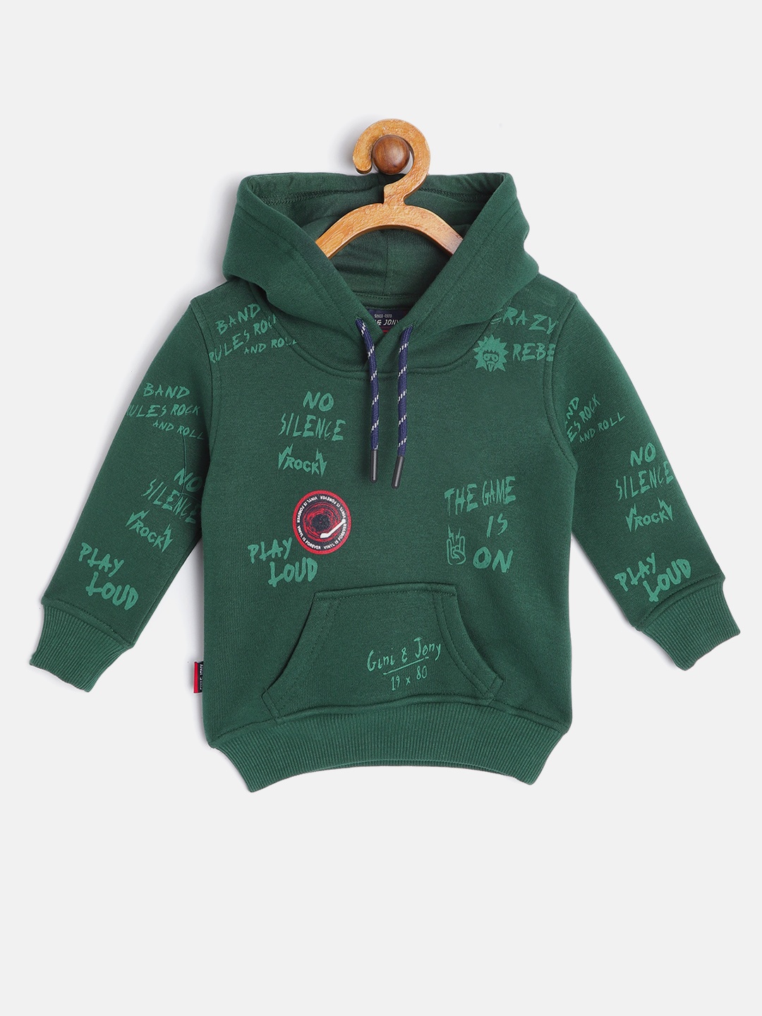 

Gini and Jony Boys Green Typography Printed Hooded Sweatshirt