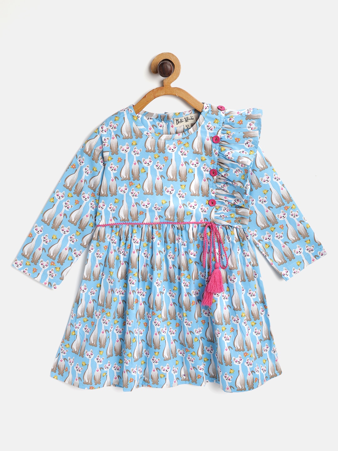 

Bella Moda Girls Blue & White Cat Print Fit & Flare Dress