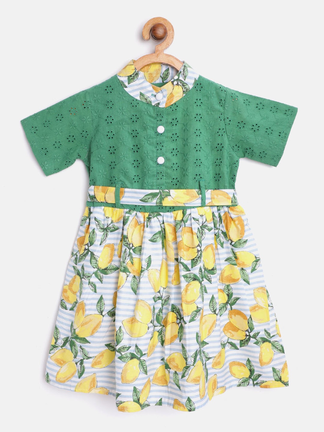 

Bella Moda Girls Green & Yellow Lemon Print A-Line Dress with Belt