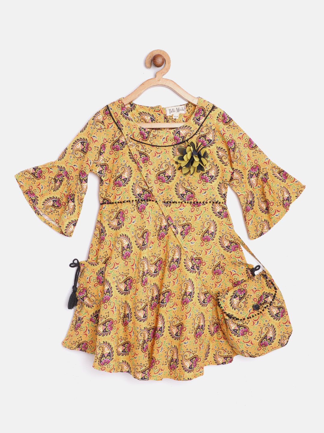 

Bella Moda Girls Mustard Yellow & Purple Paisley Print Fit & Flare Dress