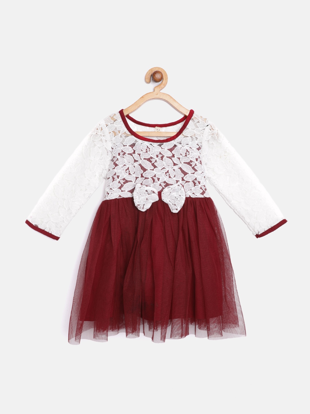 

Bella Moda Girls White & Maroon Lace Fit & Flare Dress