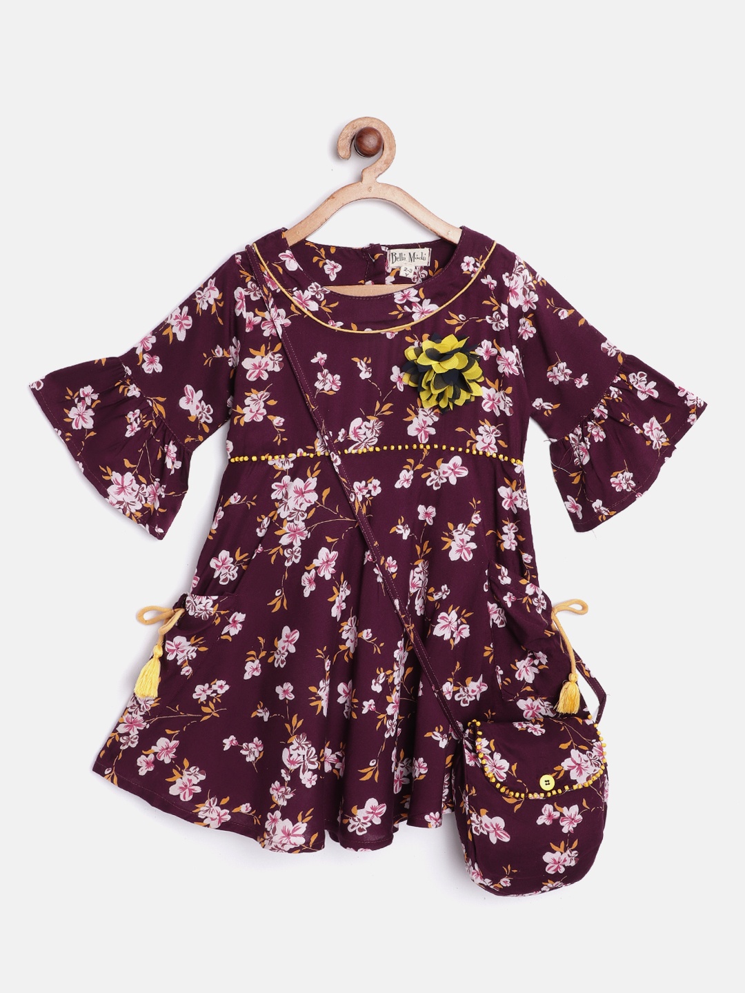 

Bella Moda Girls Burgundy & White Floral Print Fit & Flare Dress with Sling Bag