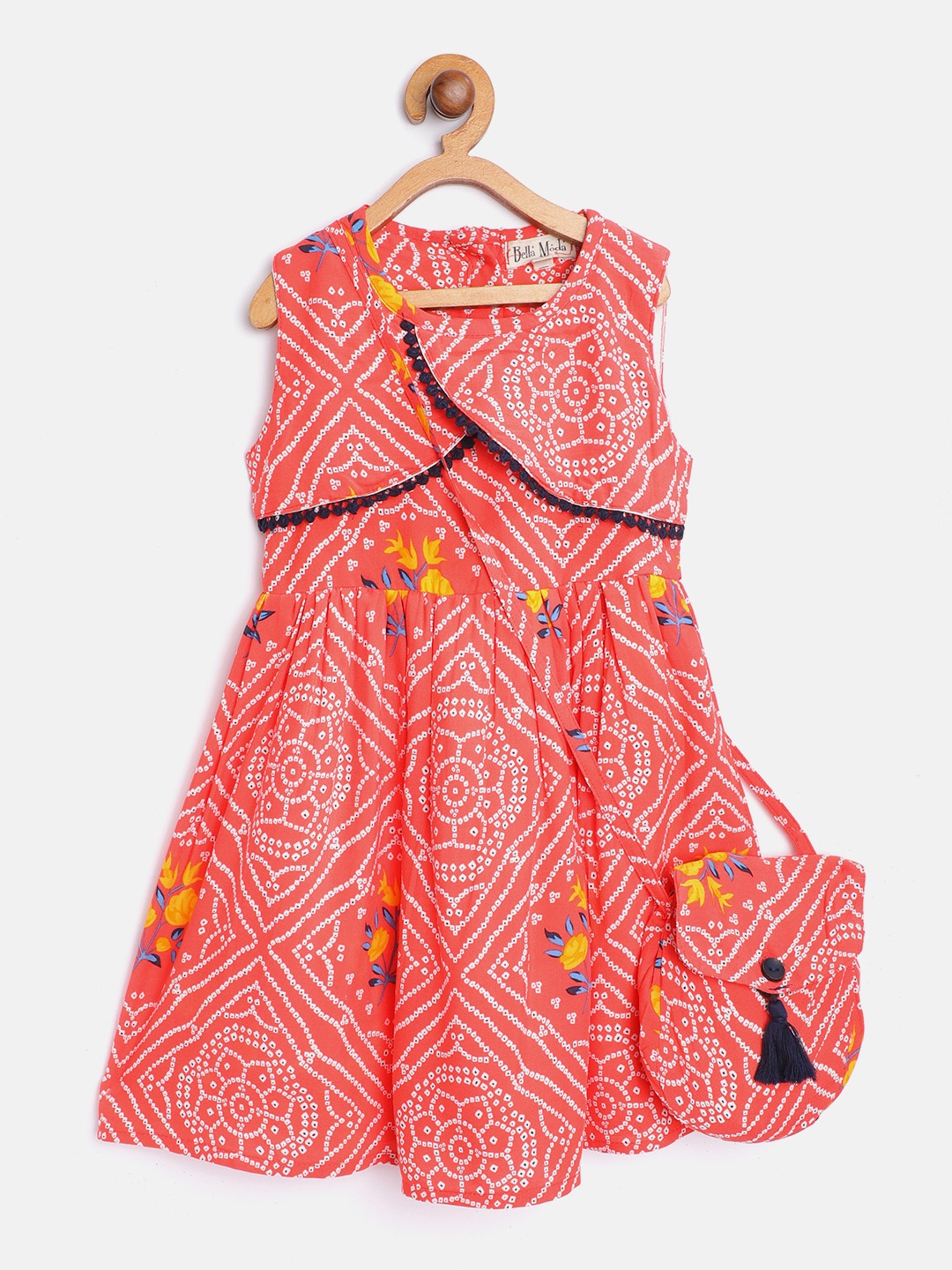

Bella Moda Girls Pink & White Bandhani Print Fit & Flare Dress with Sling Bag
