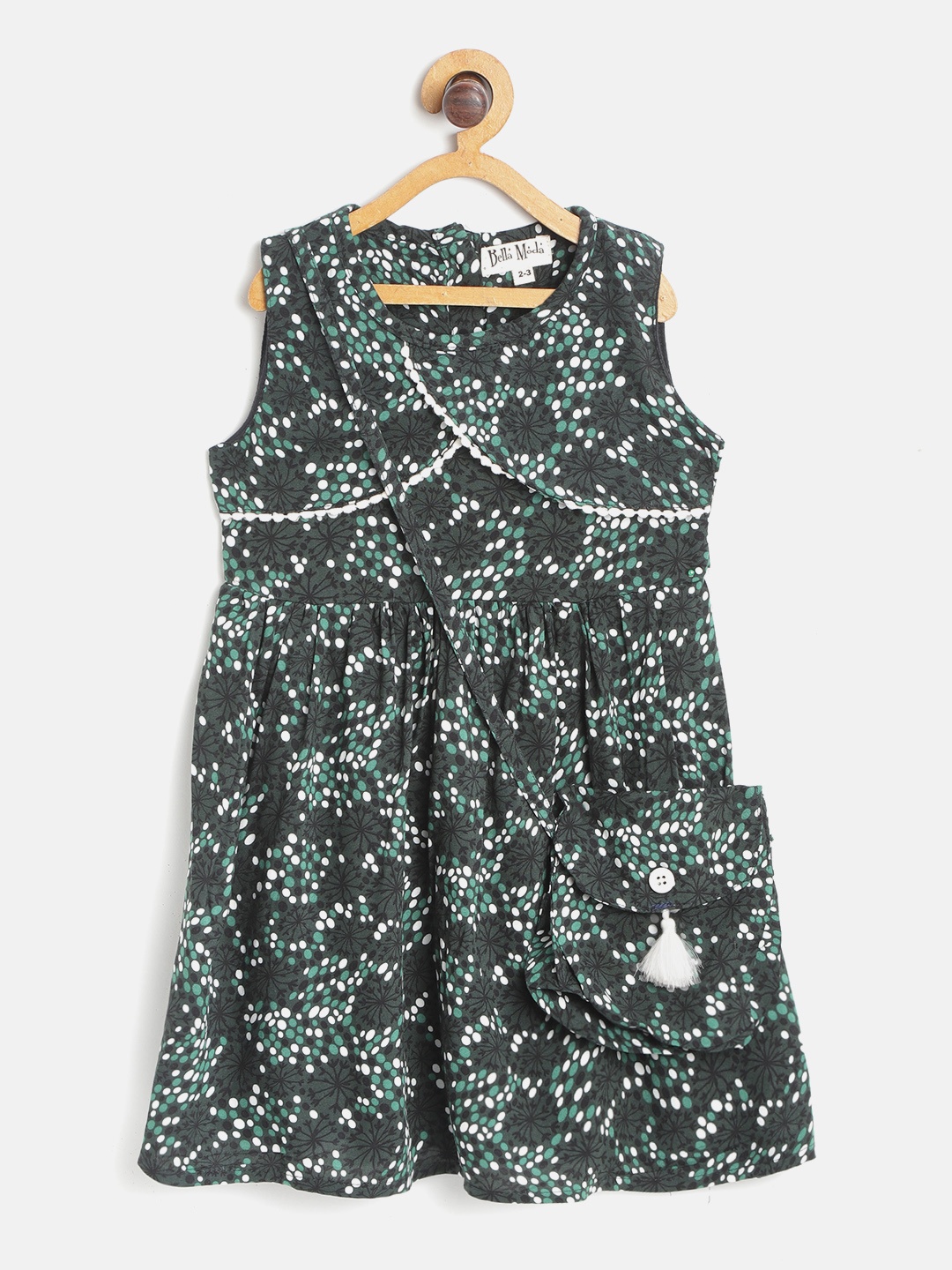 

Bella Moda Girls Green & Black Geometric Print A-Line Dress with Sling Bag