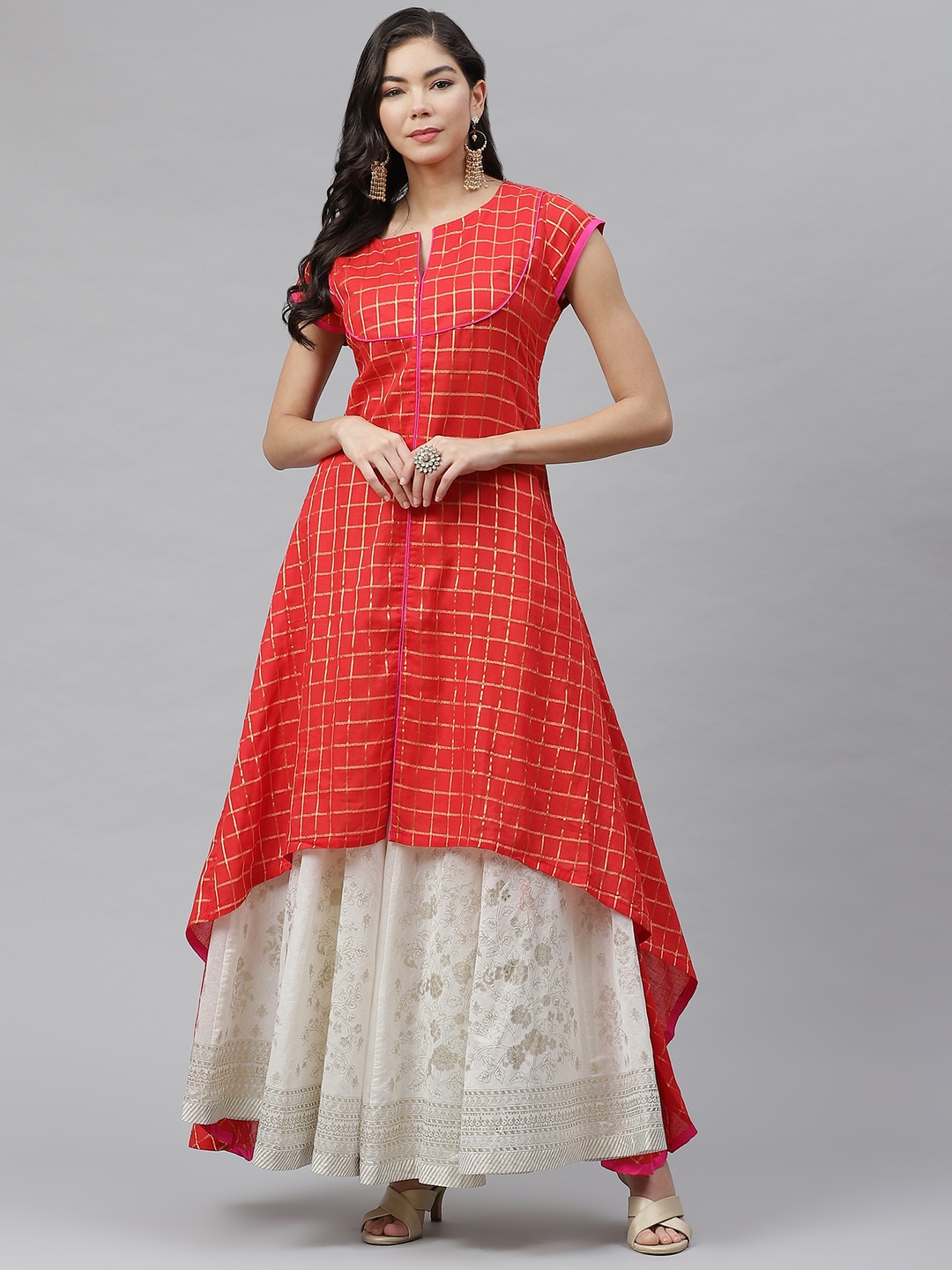 

MBE Women Red & Golden Pure Cotton Woven Checked Kurta