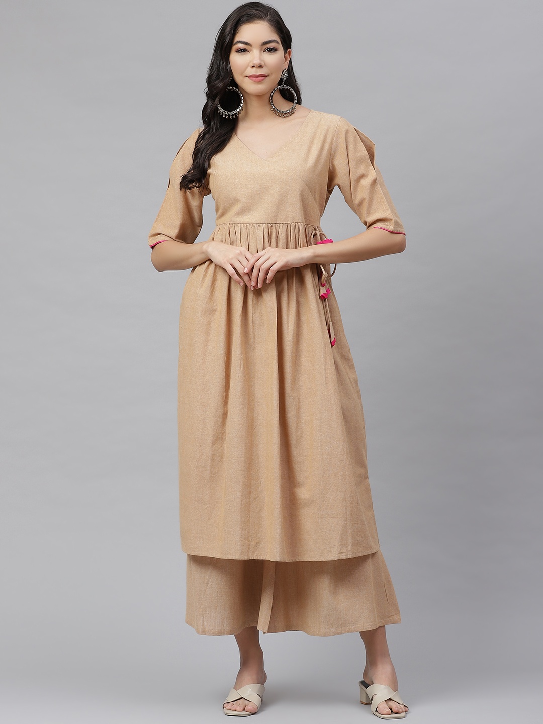 

MBE Women Beige Angrakha Pure Cotton Kurta with Palazzos