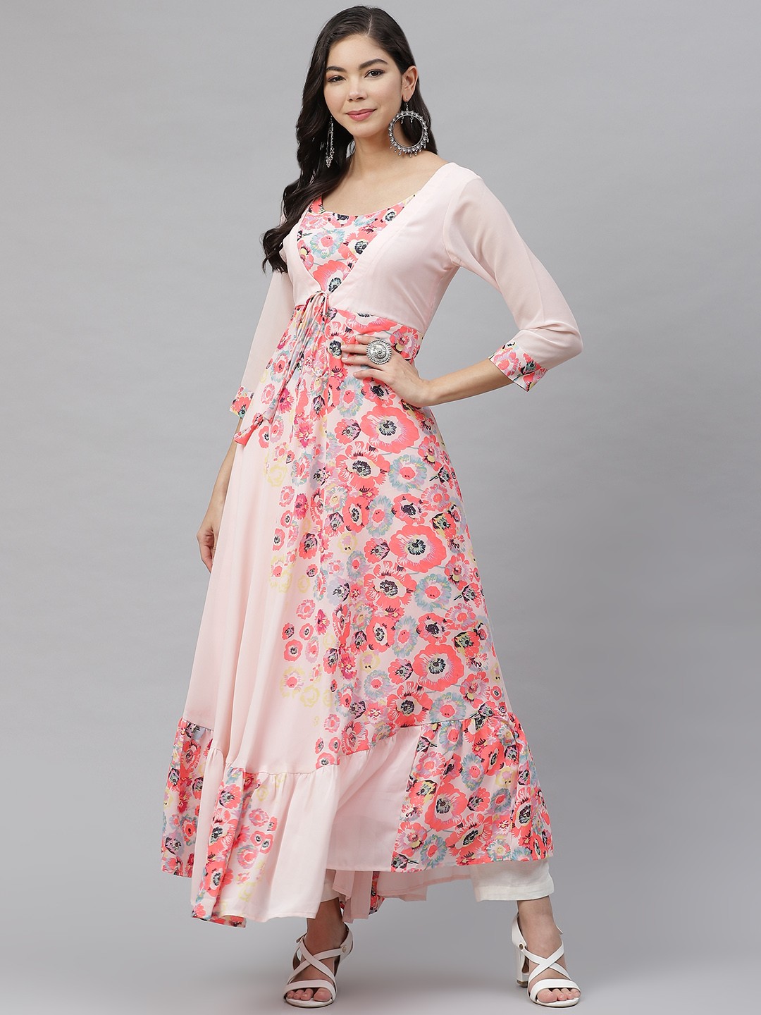 

MBE Women Peach Floral Printed Floral Georgette Anarkali Kurta