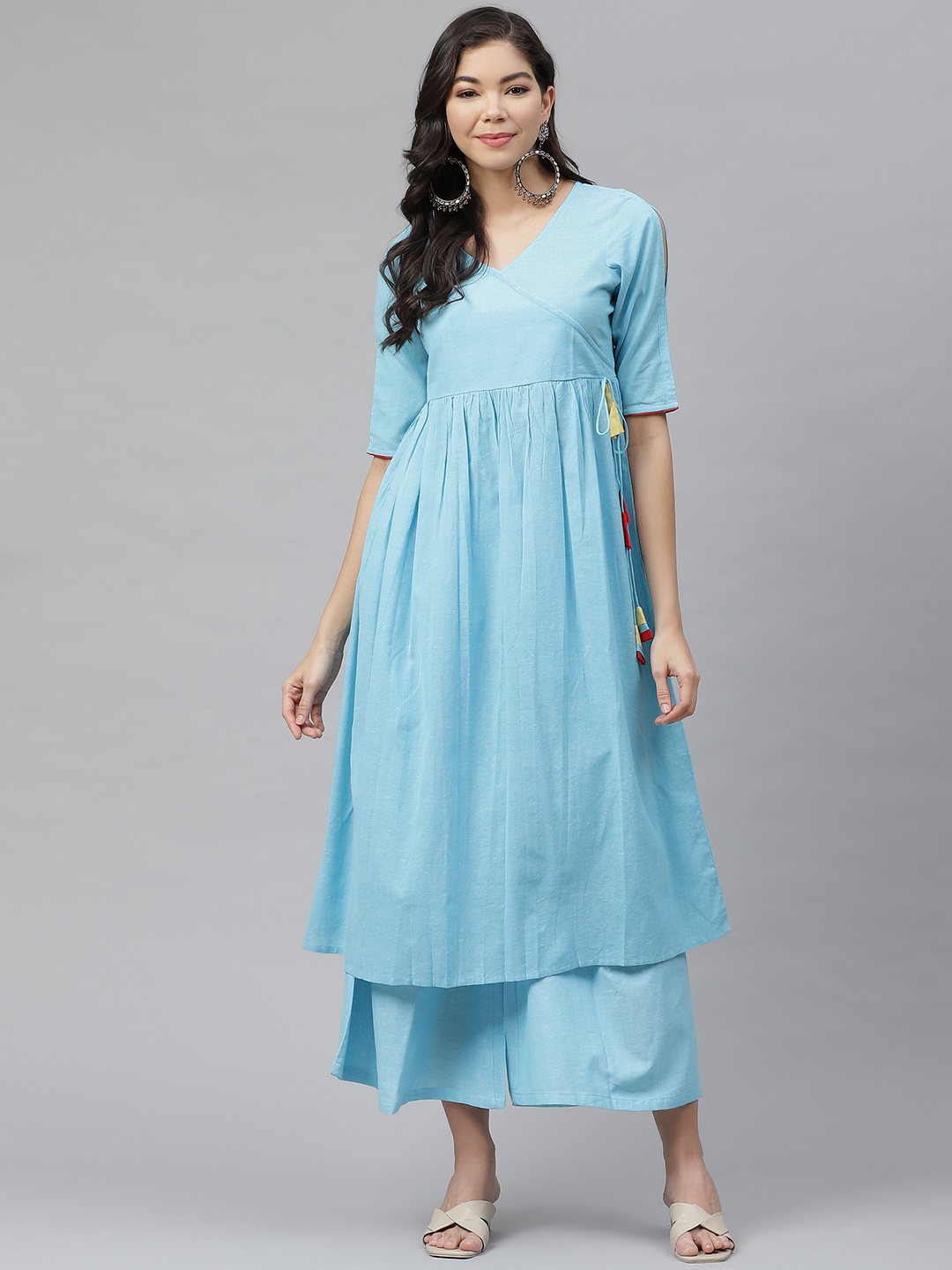 

MBE Women Blue Angrakha Pure Cotton Kurta with Palazzos