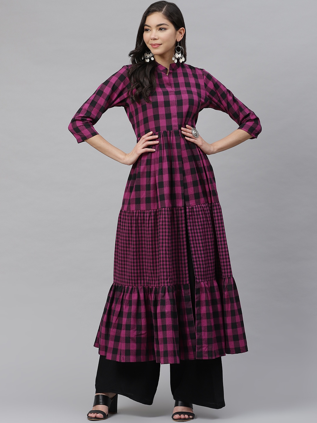 

MBE Women Purple & Black Checked Kurta