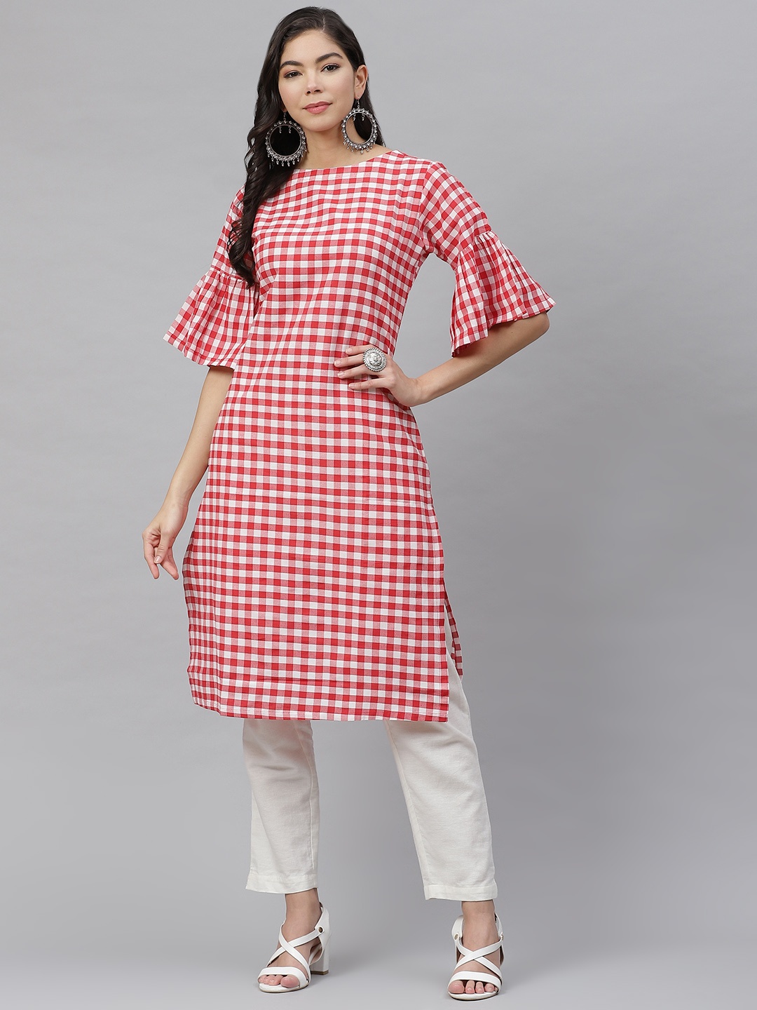 

MBE Women Red & White Checked Bell Sleeves Kurta