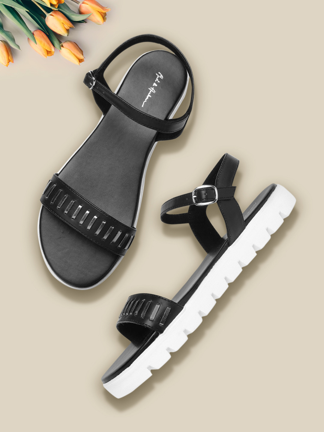 

Mast & Harbour Women Black & Silver Solid Open Toe Flats