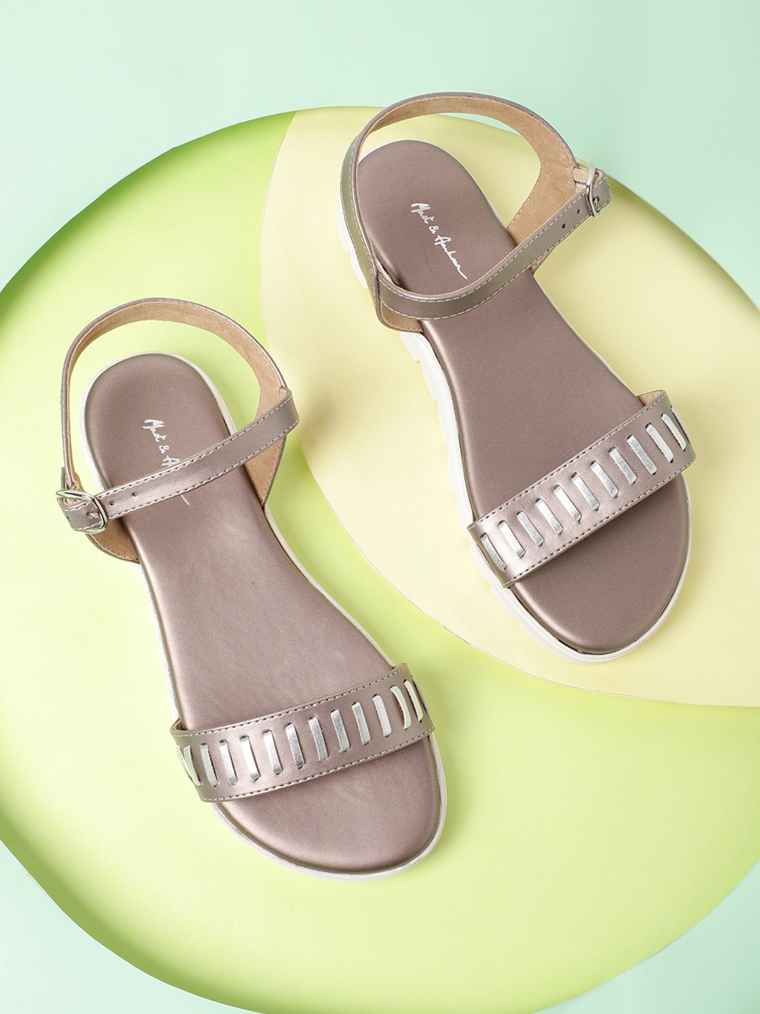 

Mast & Harbour Women Gunmetal-Toned & Silver Toned Striped Open Toe Flats, Metallic