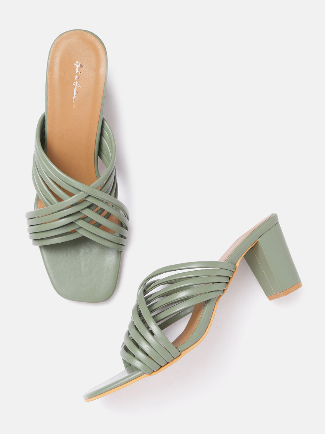 

Mast & Harbour Sage Green Solid Criss-Cross Open Toe Block Heels
