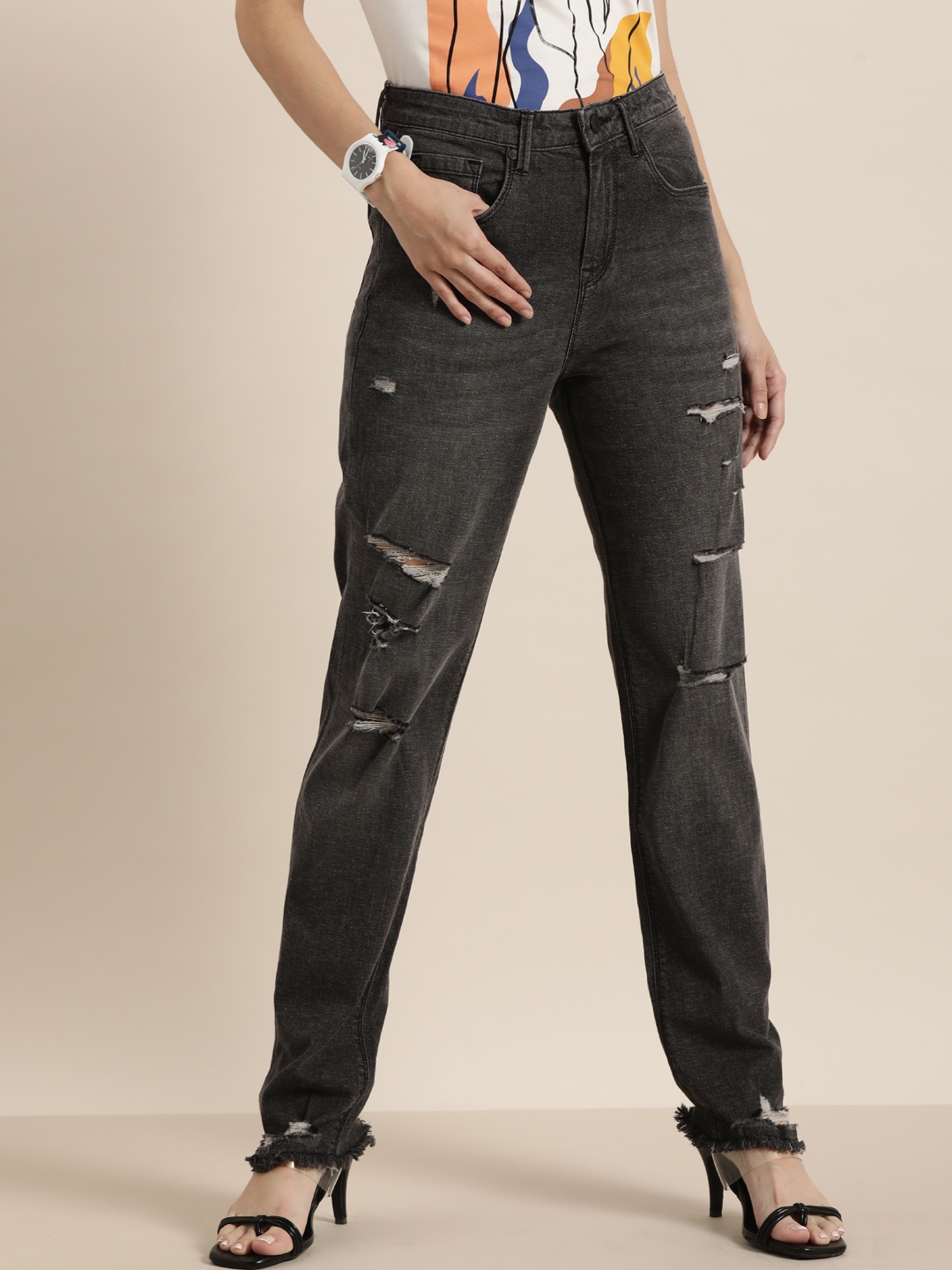 

Moda Rapido Women Grey Slim Fit High-Rise Highly Distressed Light Fade Stretchable Jeans